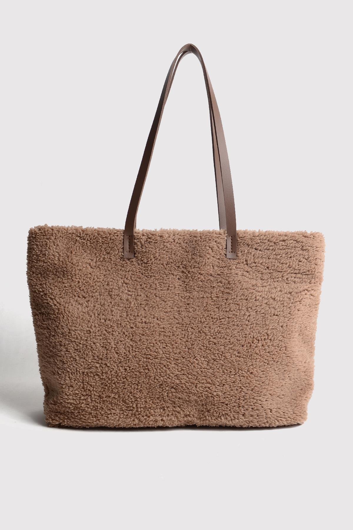 Vizon Deri Saplı Peluş Tote Çanta