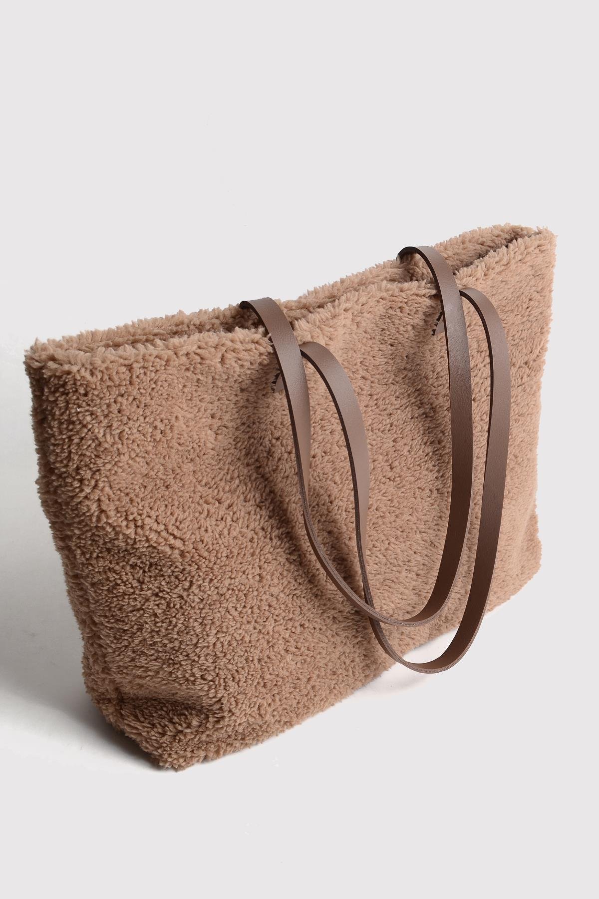 Vizon Deri Saplı Peluş Tote Çanta