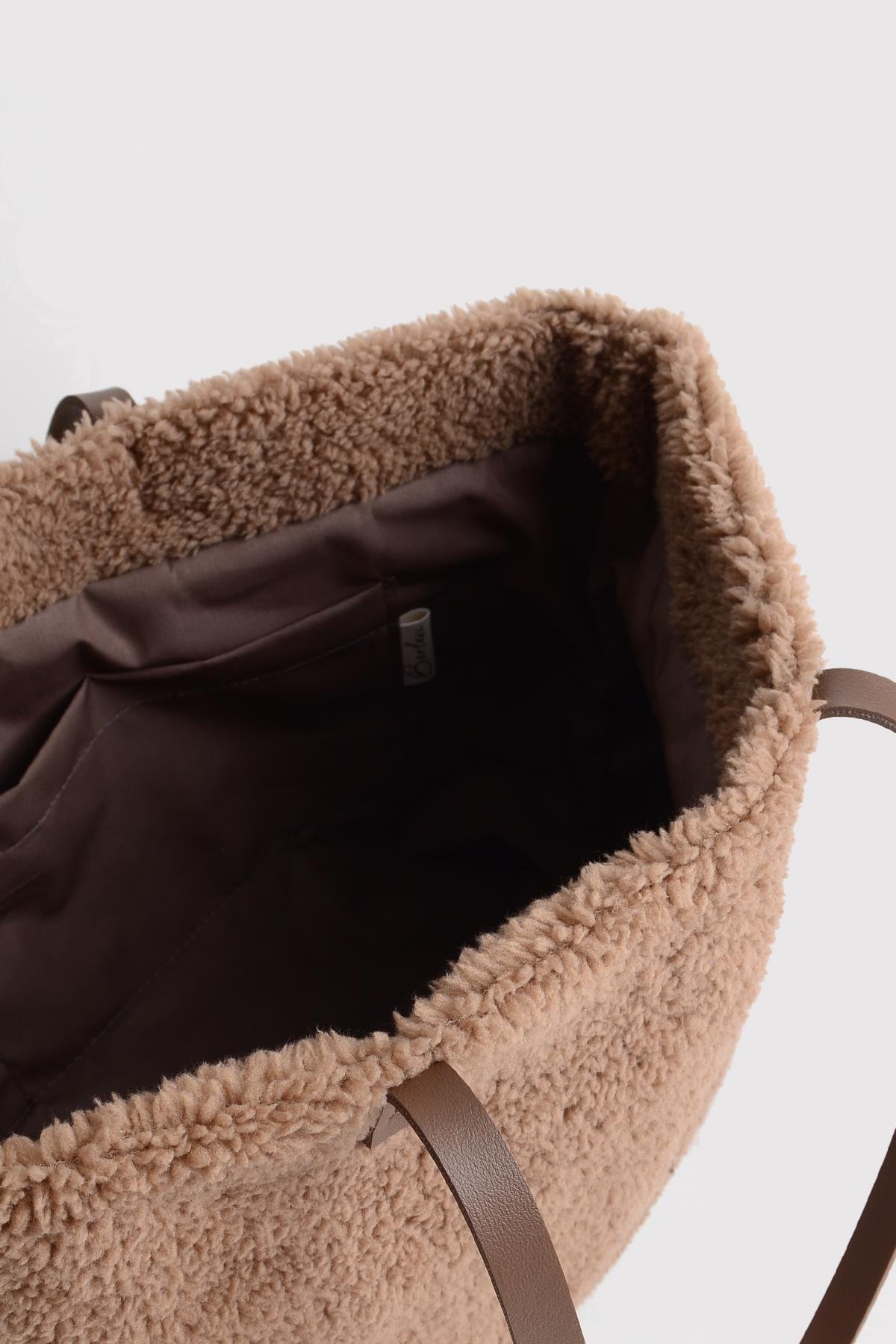Vizon Deri Saplı Peluş Tote Çanta