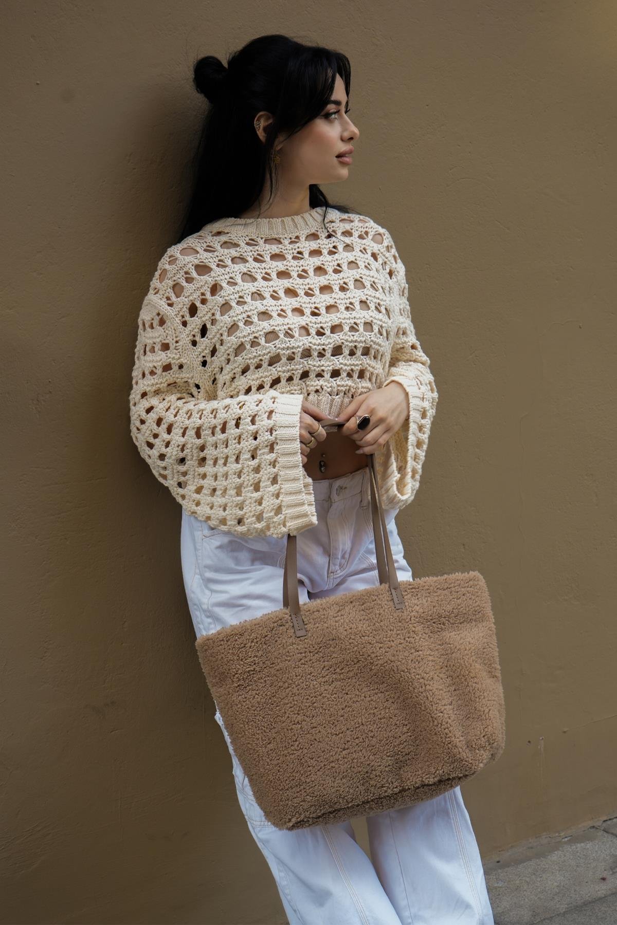 Vizon Deri Saplı Peluş Tote Çanta