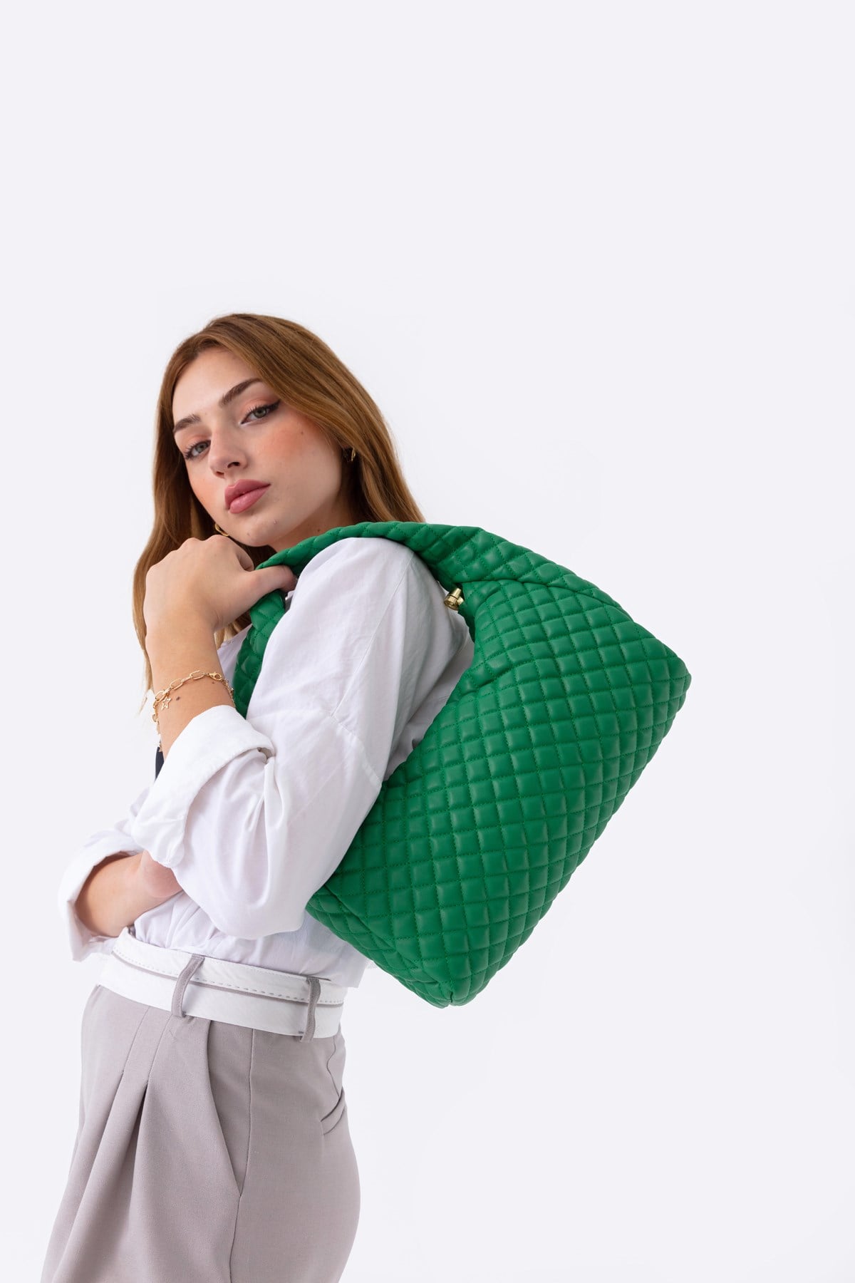 Yeşil Kadın Kapitone Omuz Çantası