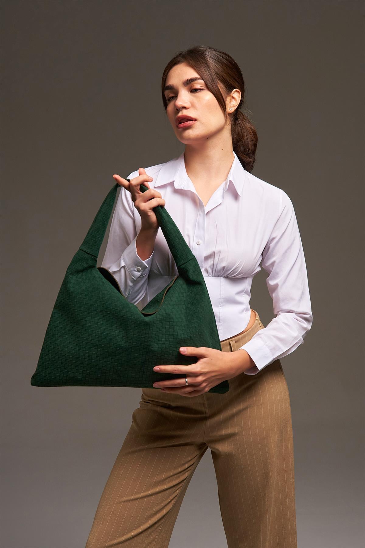 Yeşil Nubuk Deri Örgü Detaylı Omuz Çanta