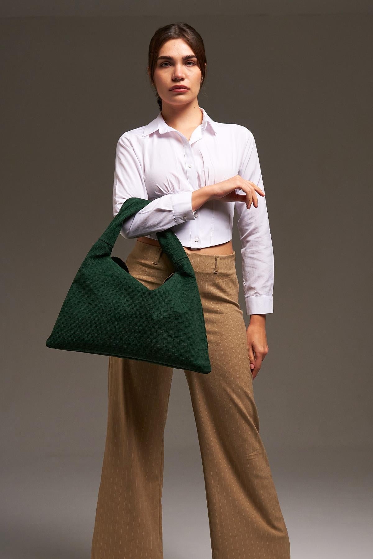 Yeşil Nubuk Deri Örgü Detaylı Omuz Çanta