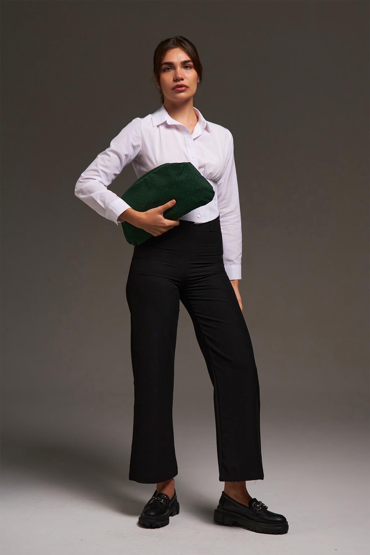 Yeşil Nubuk Deri Örgü Detaylı Portföy Clutch Çanta