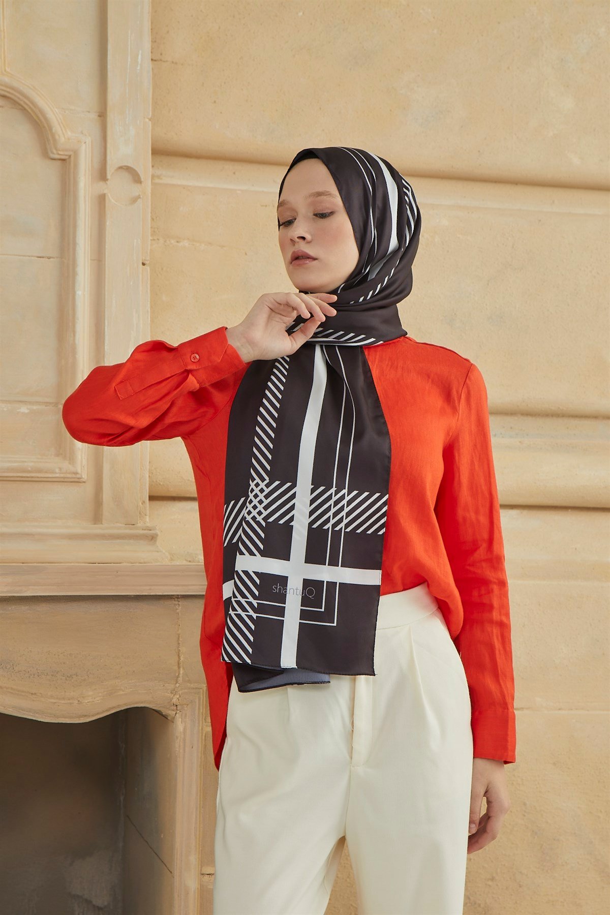 SHANTUQ TWILL ŞAL CLASSY DESEN-SİYAH-BEYAZ
