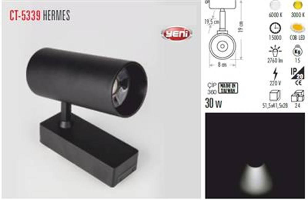 CT 5339 Cata 30W Hermes Ray Tipi Armatür Günışığı 3200kRay Spotlar ve RaylarCATACT-5339G-12580