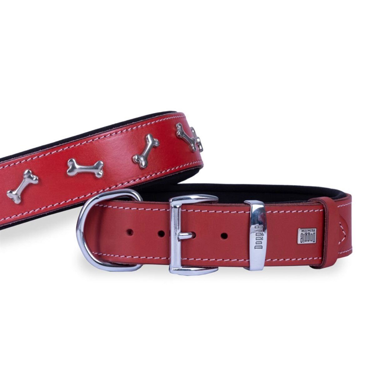 Doggie El Yapımı Gerçek Deri Kemik Süslemeli Köpek Boyun Tasması  3.5 x 47 cm (Kırmızı)