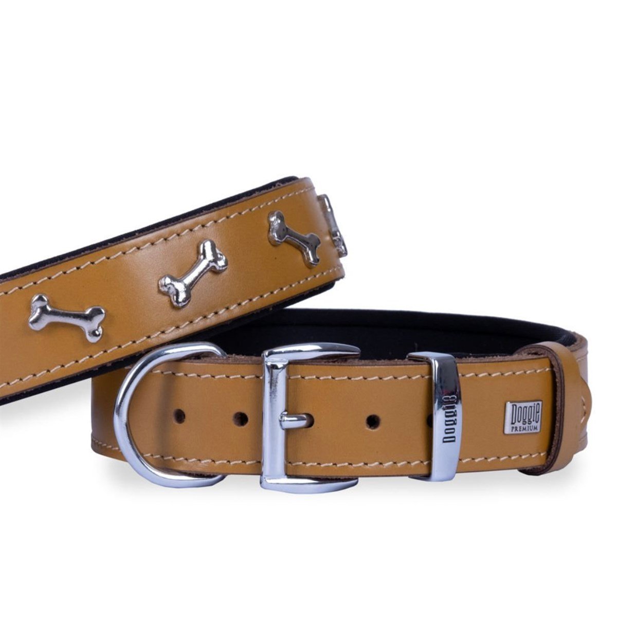 Doggie El Yapımı Gerçek Deri Kemik Süslemeli Köpek Boyun Tasması  3.5 x 52 cm (Camel)