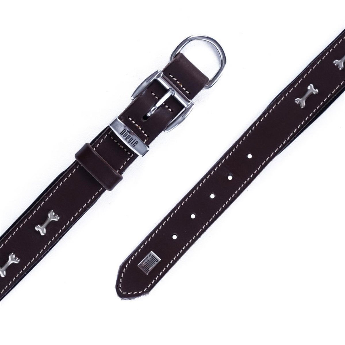 Doggie El Yapımı Gerçek Deri Kemik Süslemeli Köpek Boyun Tasması  3.5 x 52 cm (Kahverengi)