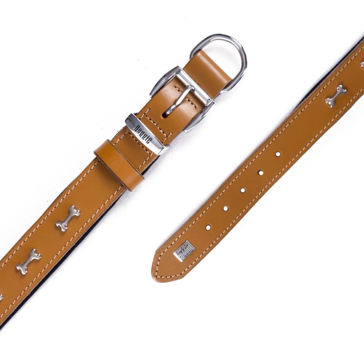 Doggie El Yapımı Gerçek Deri Kemik Süslemeli Köpek Boyun Tasması  3.5 x 52 cm (Camel)