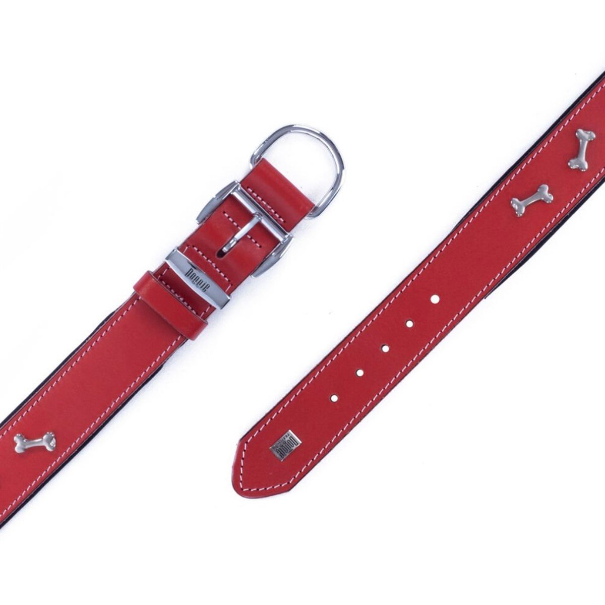 Doggie El Yapımı Gerçek Deri Kemik Süslemeli Köpek Boyun Tasması  3.5 x 47 cm (Kırmızı)