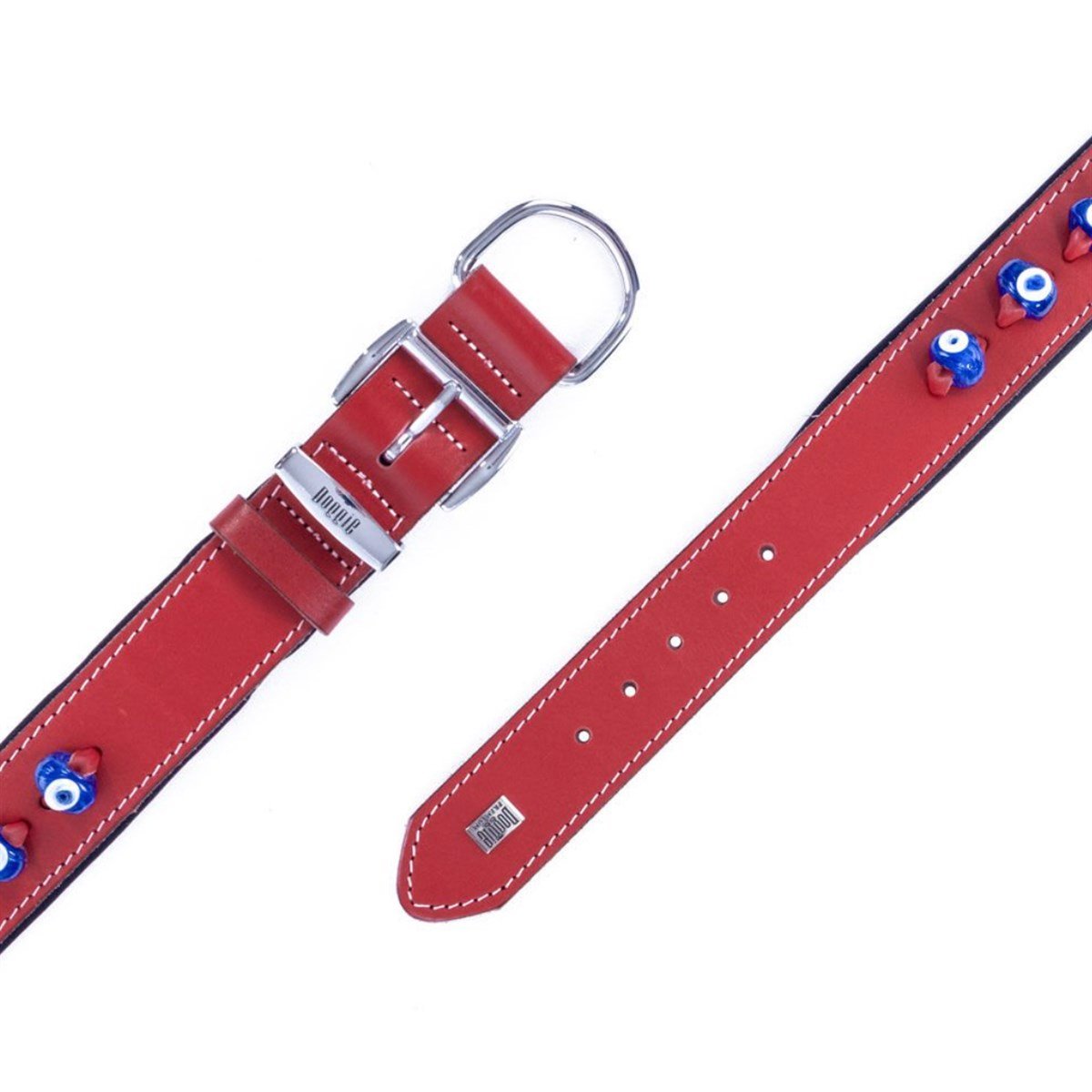 Doggie El Yapımı Gerçek Deri Nazar Boncuğu Süslemeli Köpek Boyun Tasması  3.5 x 52 cm (Kırmızı)