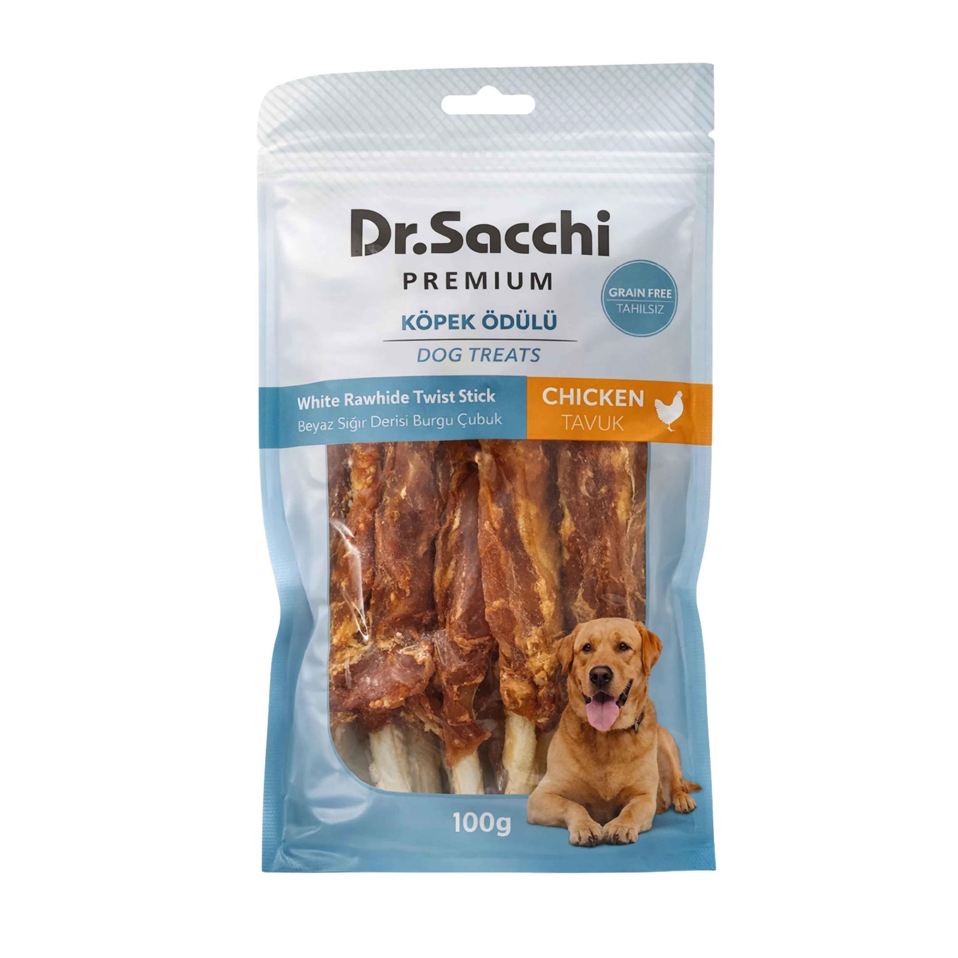 Dr. Sacchi Tavuk Sargılı Sığır Derisi Sütlü Burgu Kemik Köpek Ödülü 100 g (5 Adet)