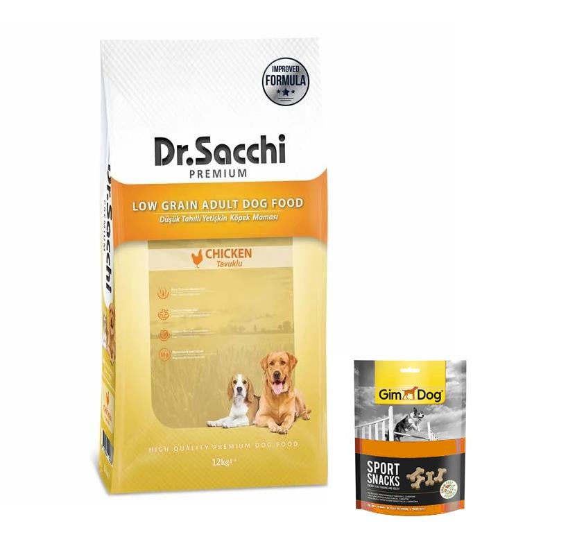 Dr.Sacchi Premium Düşük Tahıllı Tavuk Etli Yetişkin Köpek Maması 12 kg  (Gimdog Sport Sanck Köpek Ödülü 60 gr Hediyeli)