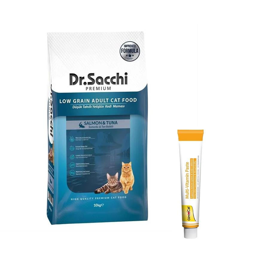 Dr.Sacchi Premium Düşük Tahıllı Somonlu Ve Ton Balıklı Yetişkin Kedi Maması 10 Kg + Gimcat Multivitamin 100 gr