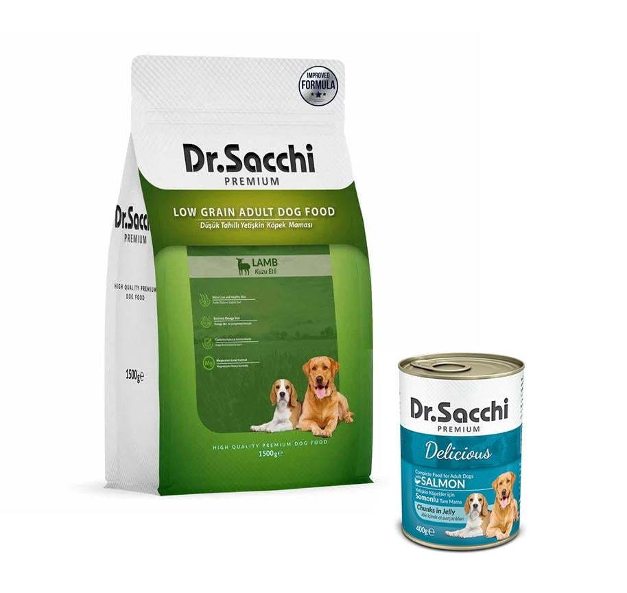 Dr.Sacchi Premium Düşük Tahıllı Kuzu Etli Yetişkin Köpek Maması 1,5 kg (Dr Sacchi Konserve Mama Hediye 400 gr)
