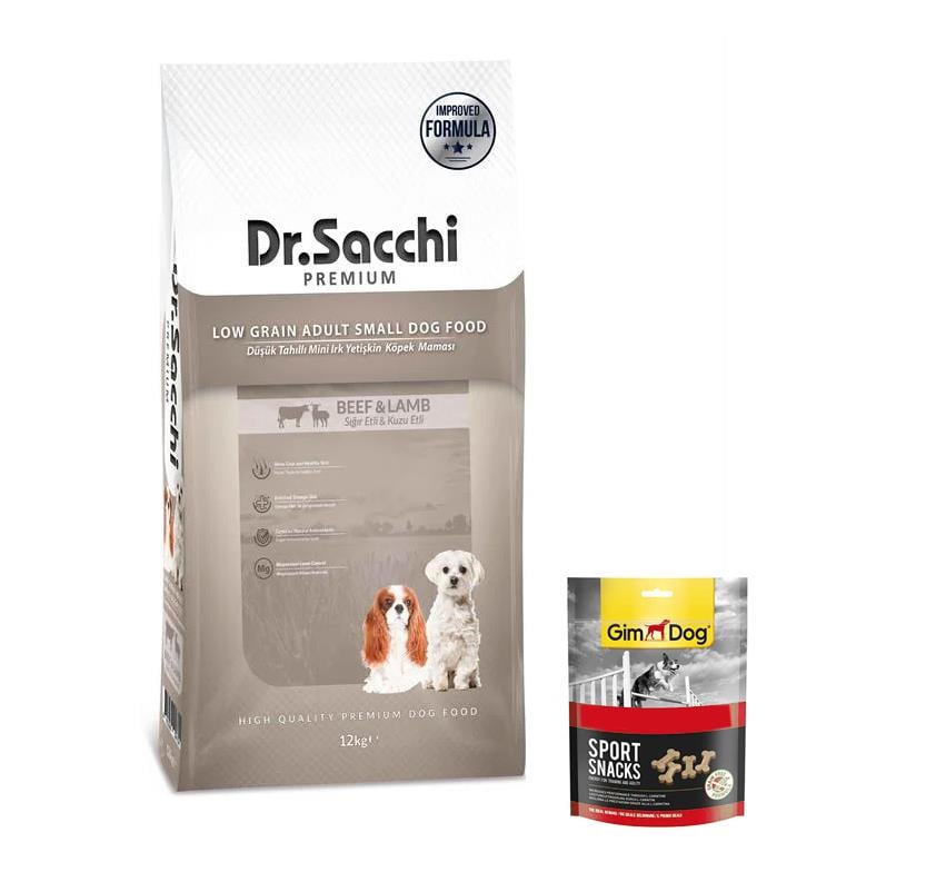 Dr.Sacchi Premium Düşük Tahıllı Sığır Ve Kuzu Etli Mini Irk Yetişkin Köpek Maması 12 kg (Gimdog Sport Snack Köpek Ödülü 60 gr Hediyeli)