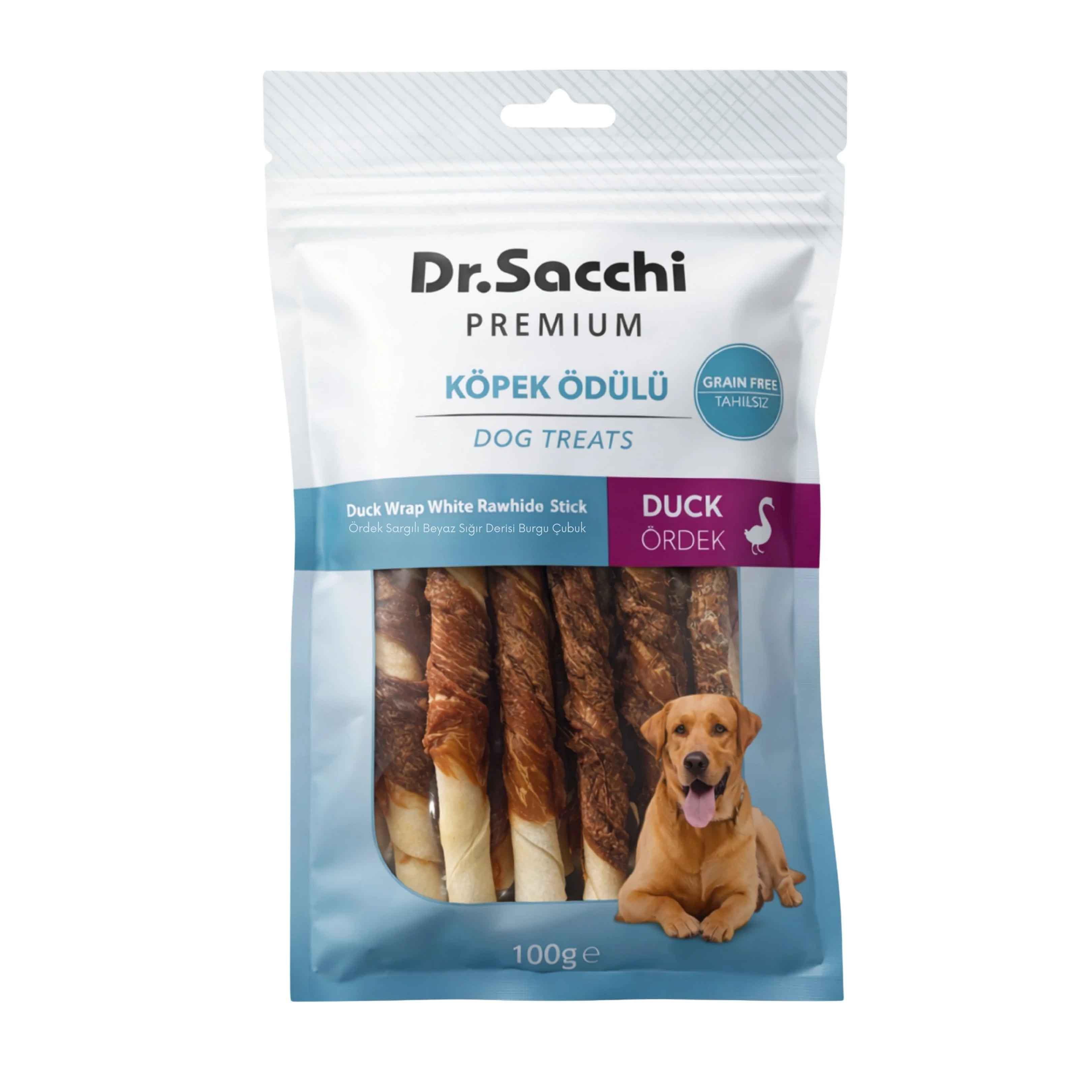 Dr. Sacchi Ördek Sargılı Sığır Derisi Sütlü Burgu Kemik Köpek Ödülü 100 g (10 Adet)