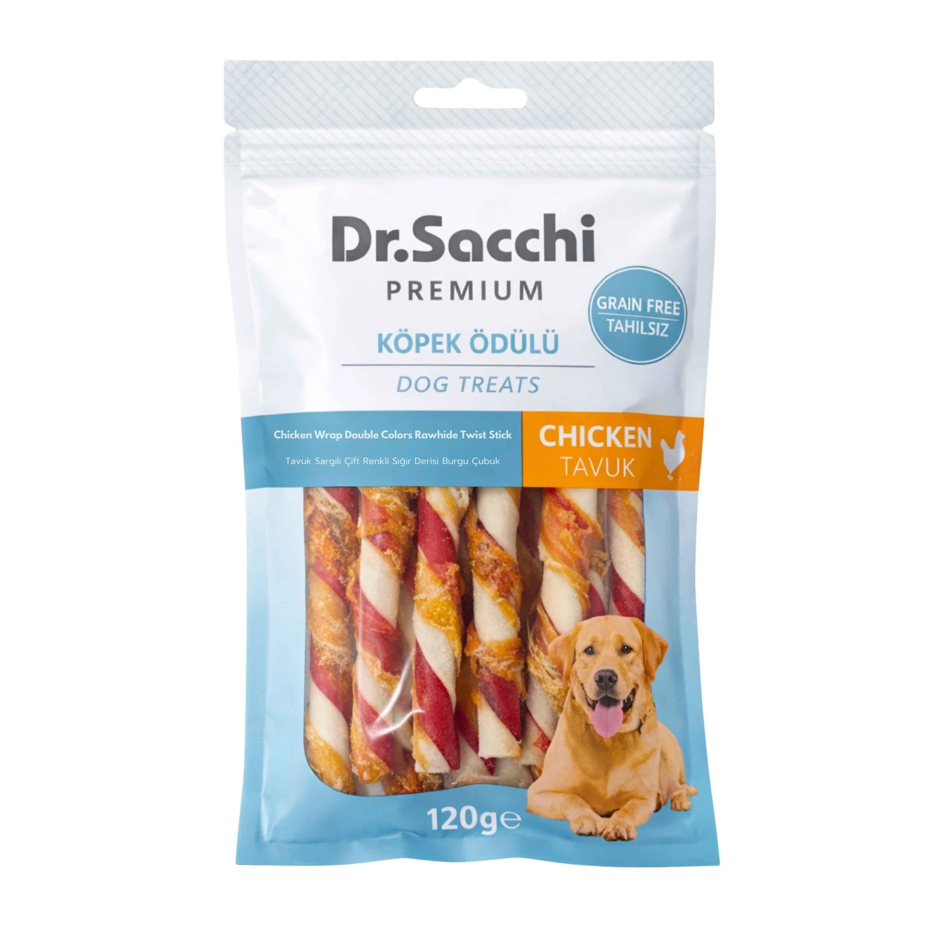Dr. Sacchi Tavuk Sargılı Sığır Derisi Renkli Burgu Kemik Köpek Ödülü 120 g (10 Adet)