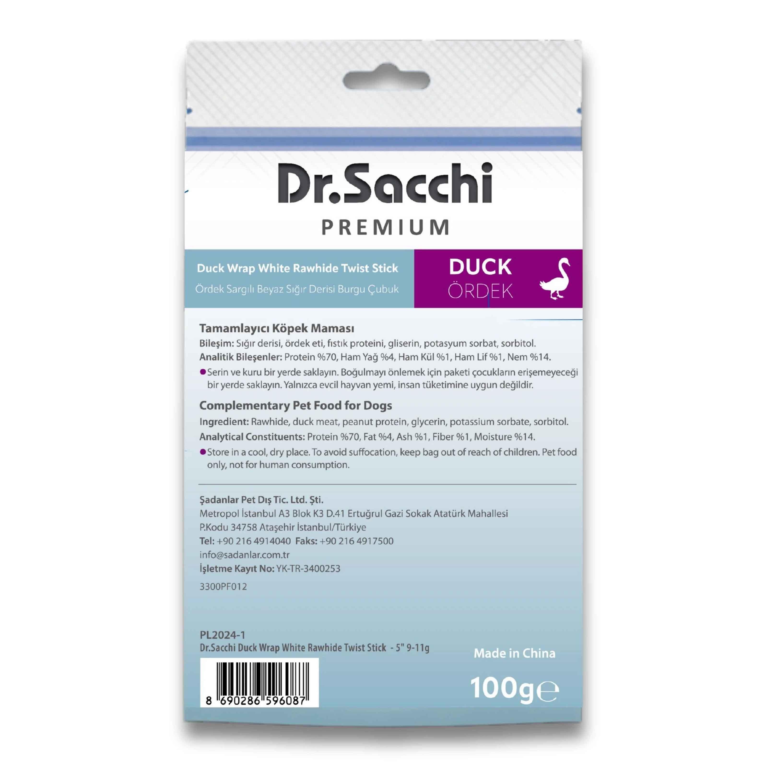 Dr. Sacchi Ördek Sargılı Sığır Derisi Sütlü Burgu Kemik Köpek Ödülü 100 g (10 Adet)