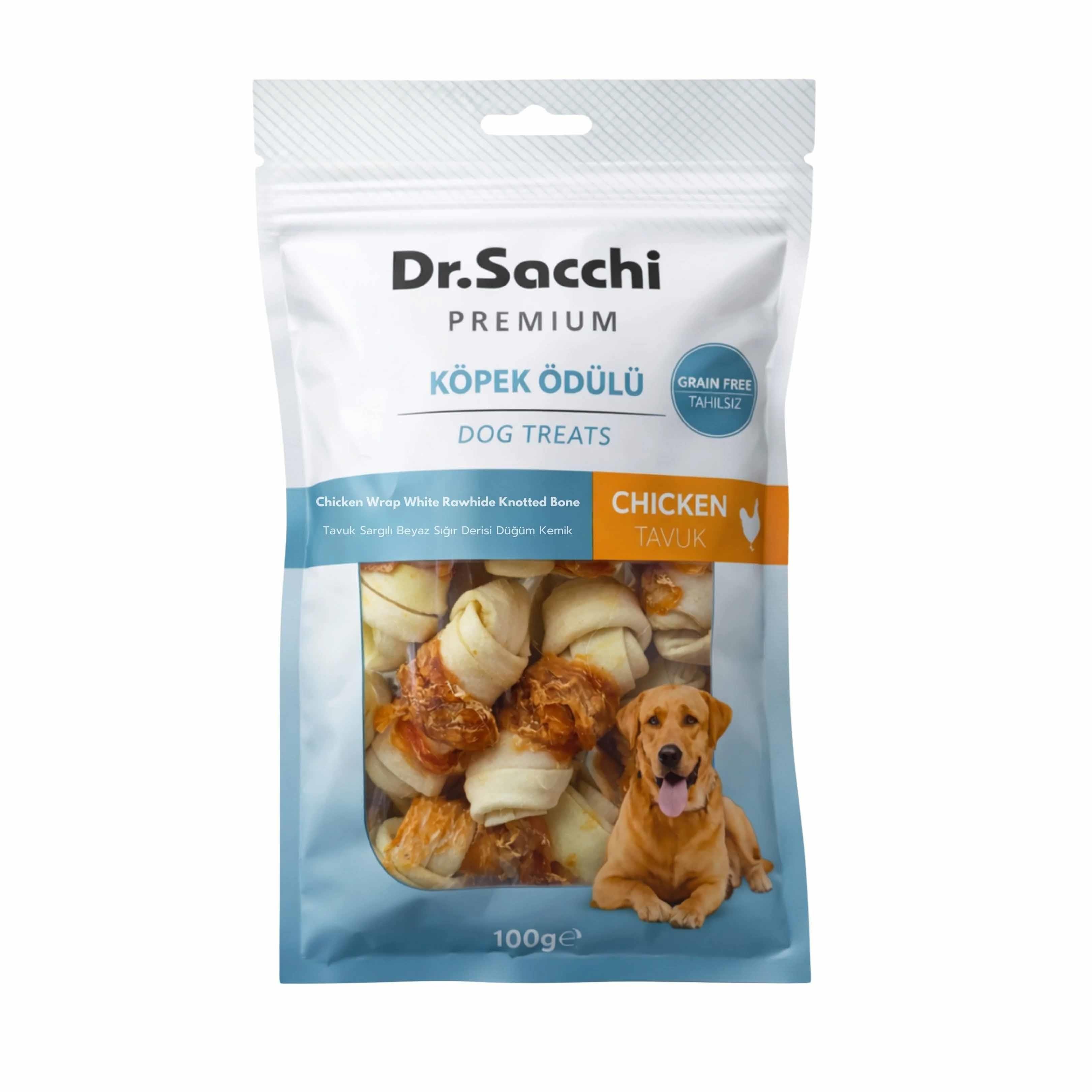 Dr. Sacchi Tavuk Sargılı Sığır Derisi Sütlü Düğüm Kemik Köpek Ödülü 100 g (8 Adet)