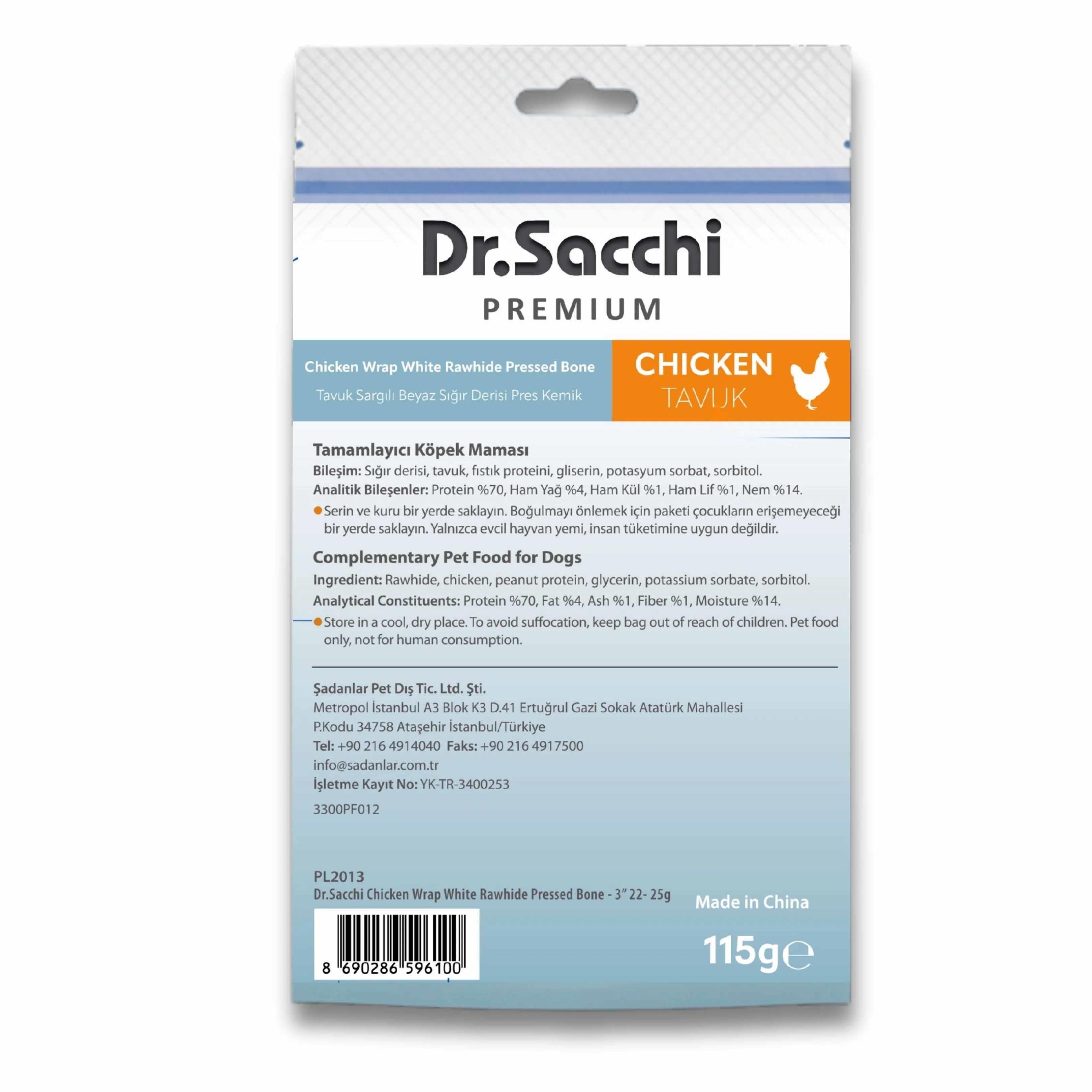Dr. Sacchi Tavuk Sargılı Sığır Derisi Sütlü Press Kemik Köpek Ödülü 115 g (5 Adet)