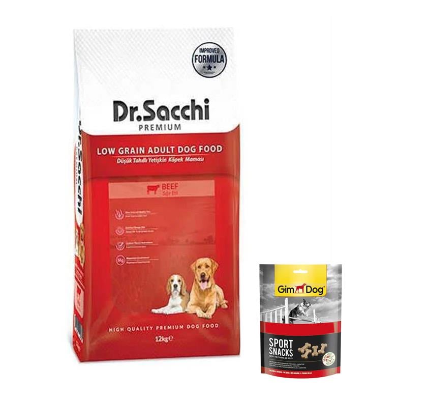 Dr.Sacchi Premium Düşük Tahıllı Sığır Etli Yetişkin Köpek Maması 12 kg Dr.Sacchi Premium Düşük Tahıllı Tavuk Etli Yetişkin Köpek Maması 12 kg (Gimdog Sport Snack Köpek Ödülü 60 gr Hediyeli)