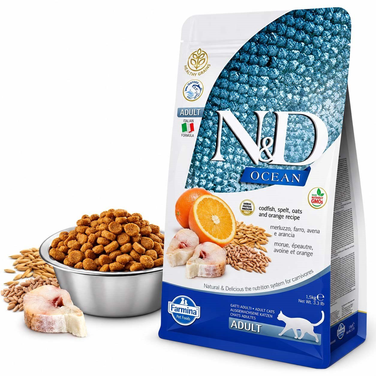 N&D Ocean Morina Balıklı Portakallı Yetişkin Kedi Maması 1,5 kg