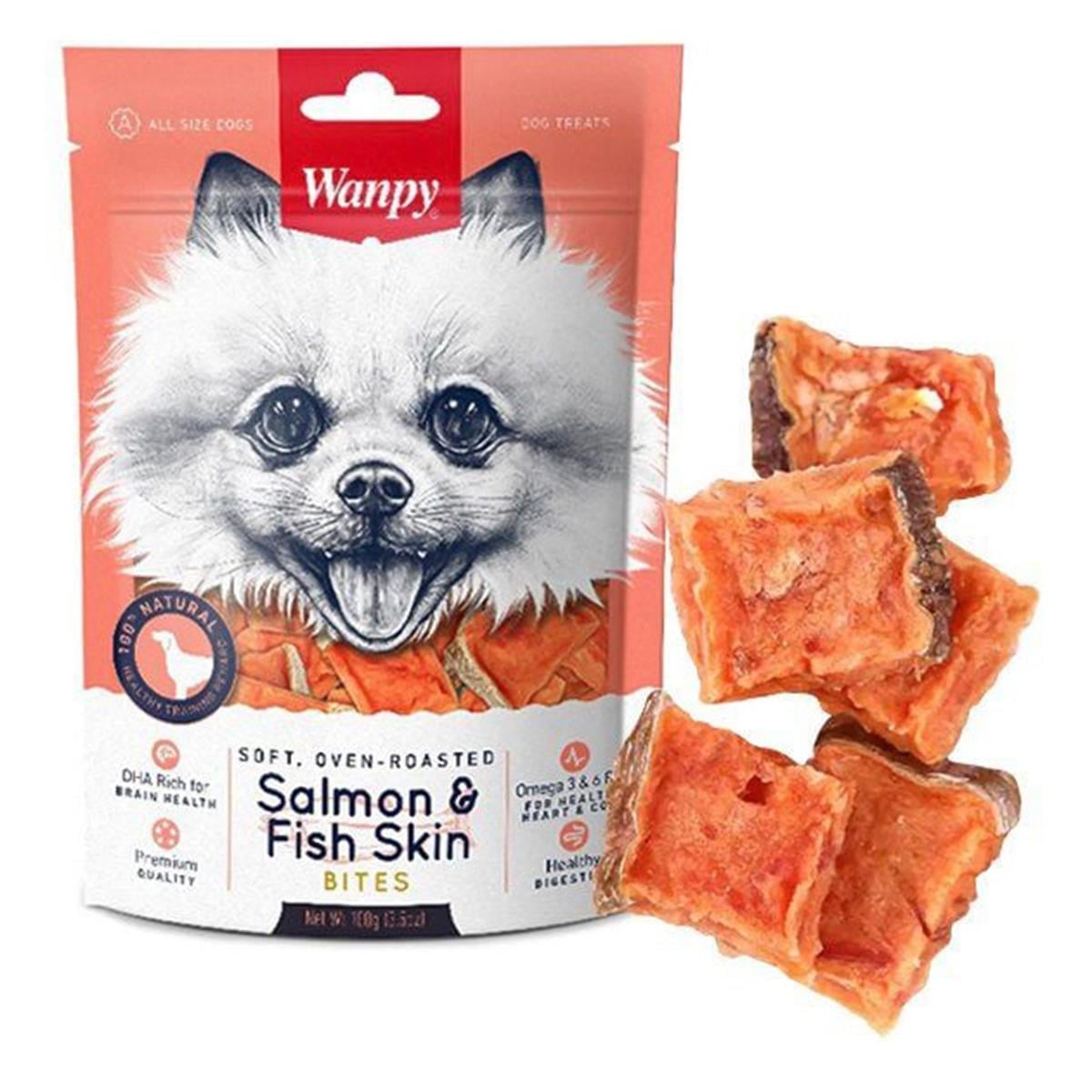 Wanpy Bites Yumuşak Somon ve Deri Parçaları İçeren Köpek Ödülü 100 g