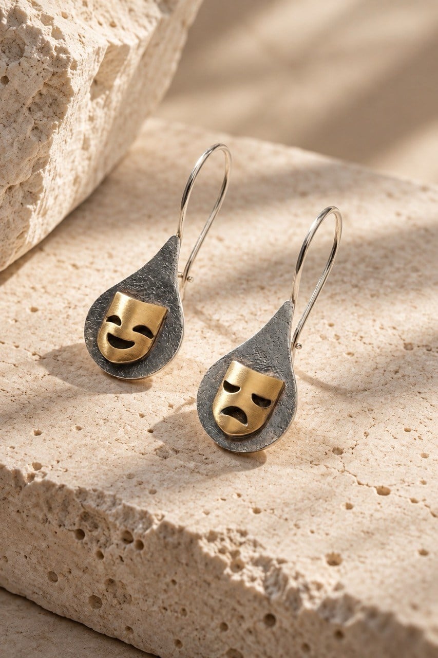 Damla Oksitli Tiyatro Mask Gümüş Küpe