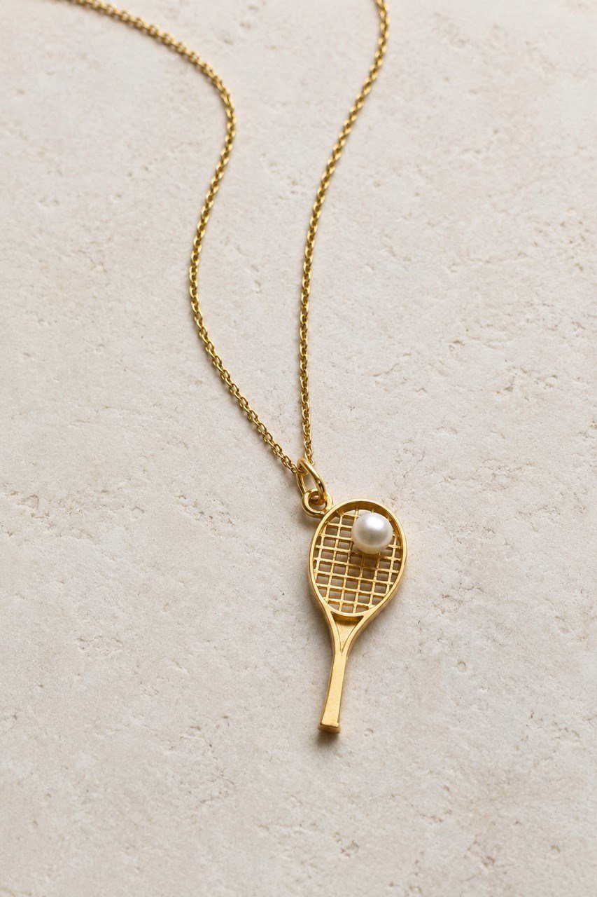 Tenis Raket ve İncili Gümüş Kolye (gold)
