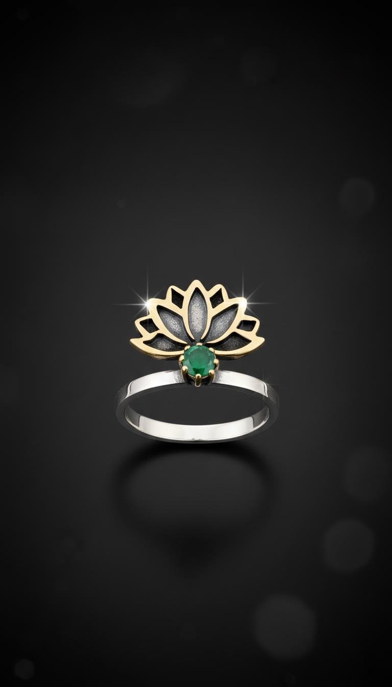 Zümrüt Taşlı Lotus Gümüş Yüzük