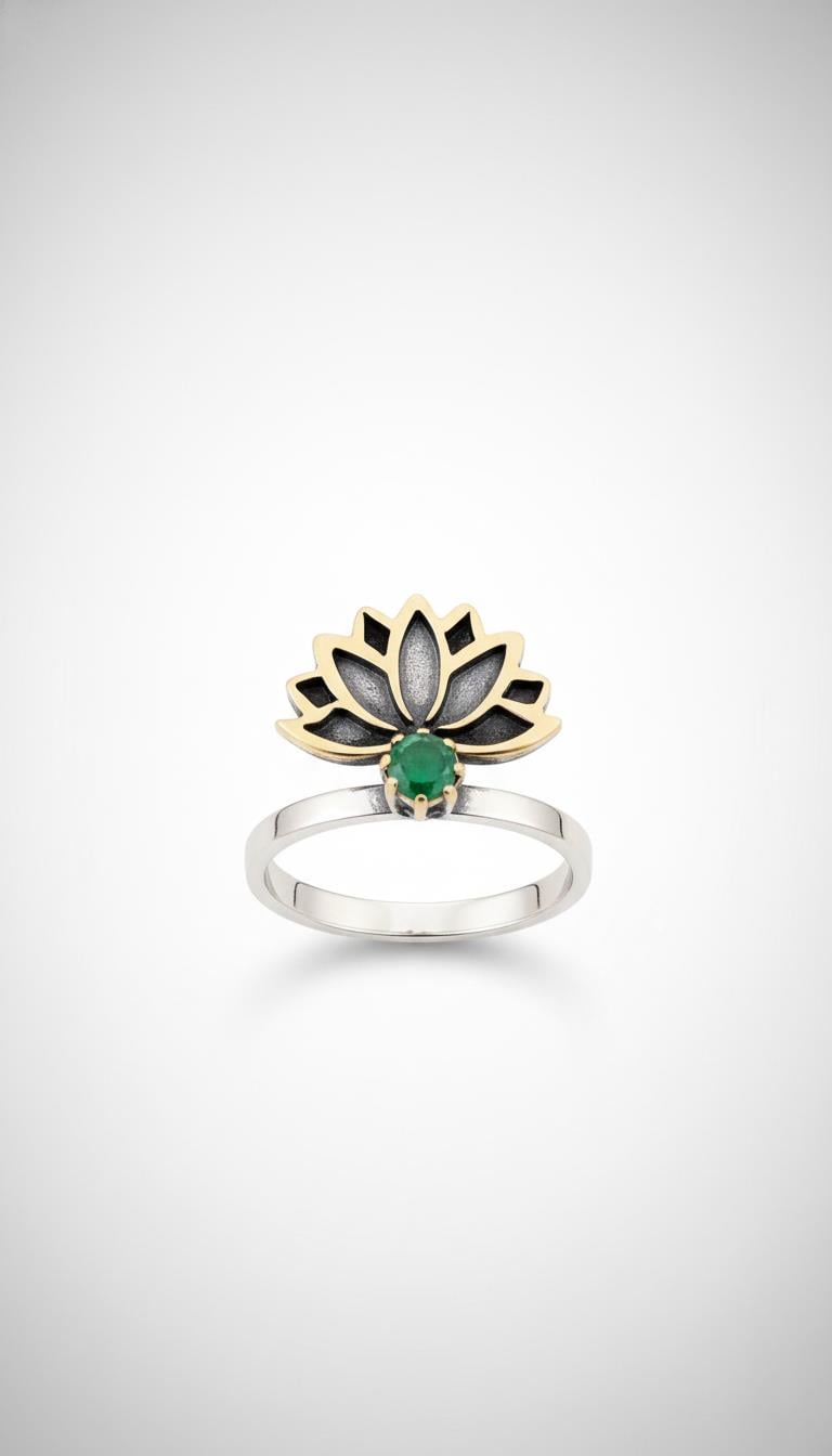 Zümrüt Taşlı Lotus Gümüş Yüzük