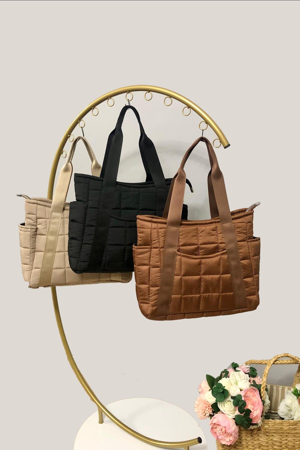 Kadın Taba CEPLİ Kapitone Kumaş Büyük Omuz Çantası