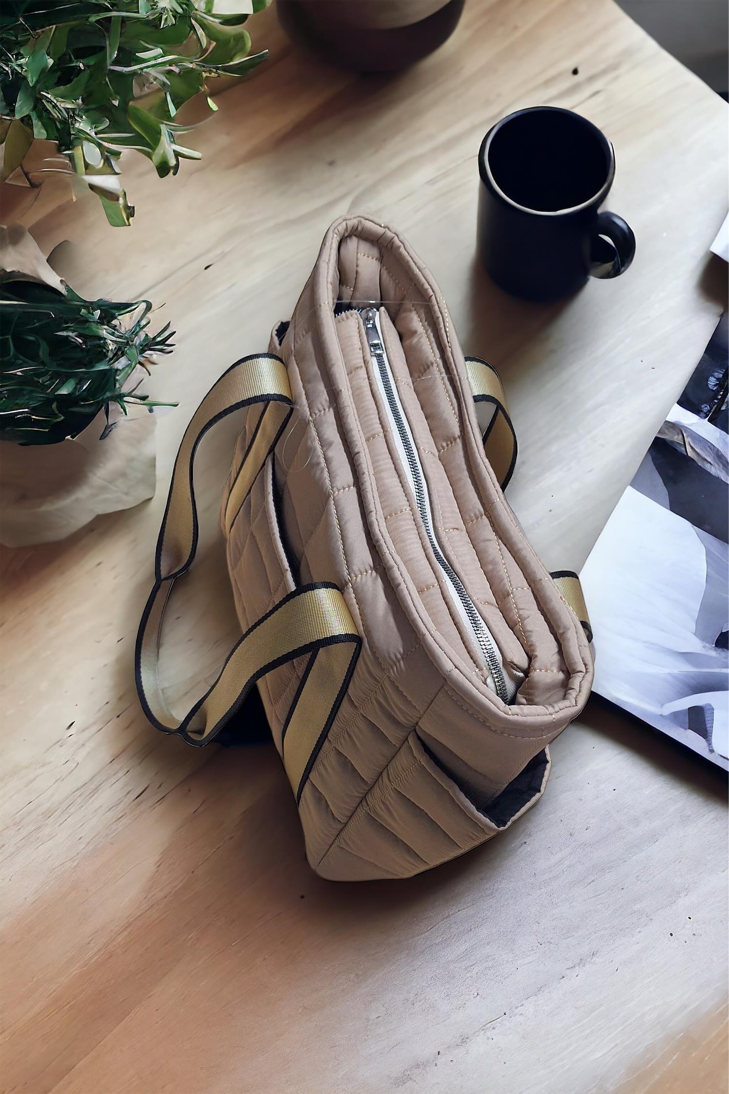 Kadın Vizon CEPLİ Kapitone Kumaş Büyük Omuz Çantası