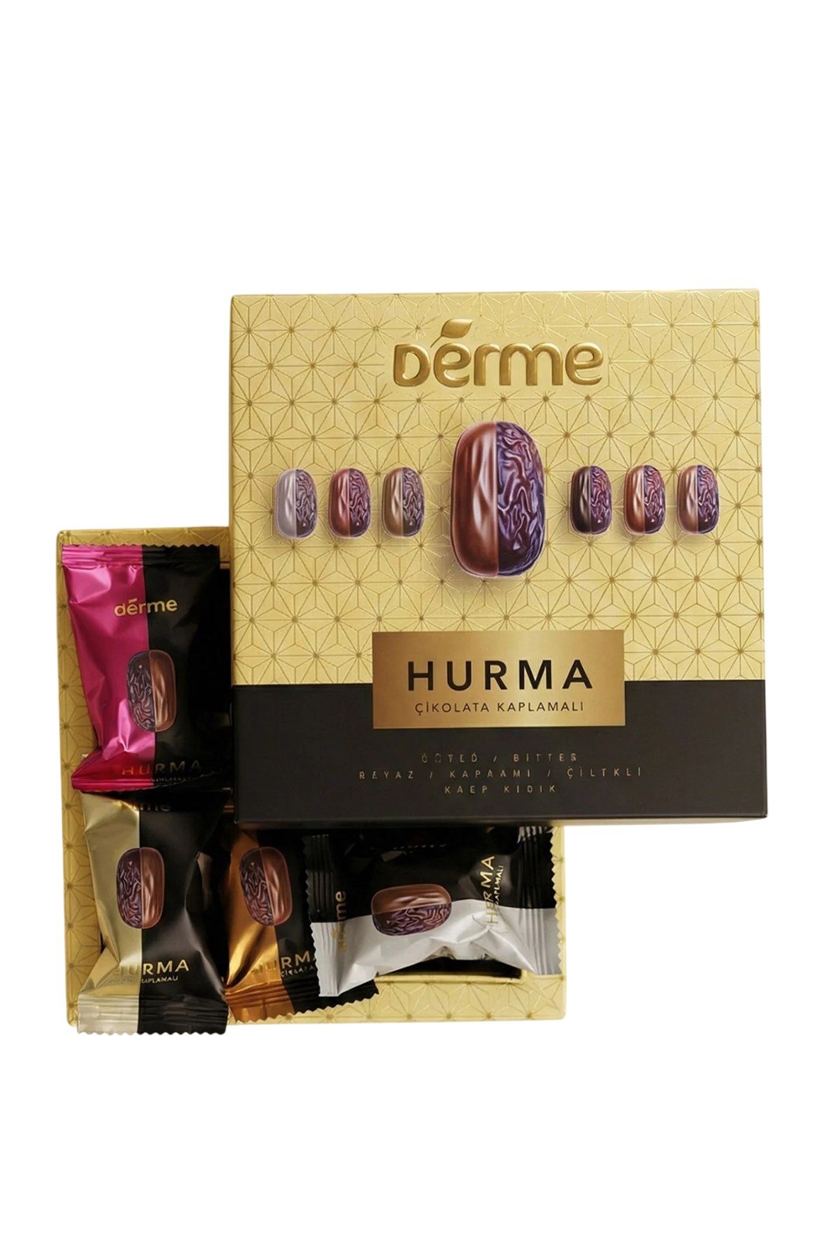 Derme Hurma - Çikolata Kaplı - Karma ( Bitter - Sütlü - Beyaz Karamel - Çilek - Kıtır ) - 300 Gr