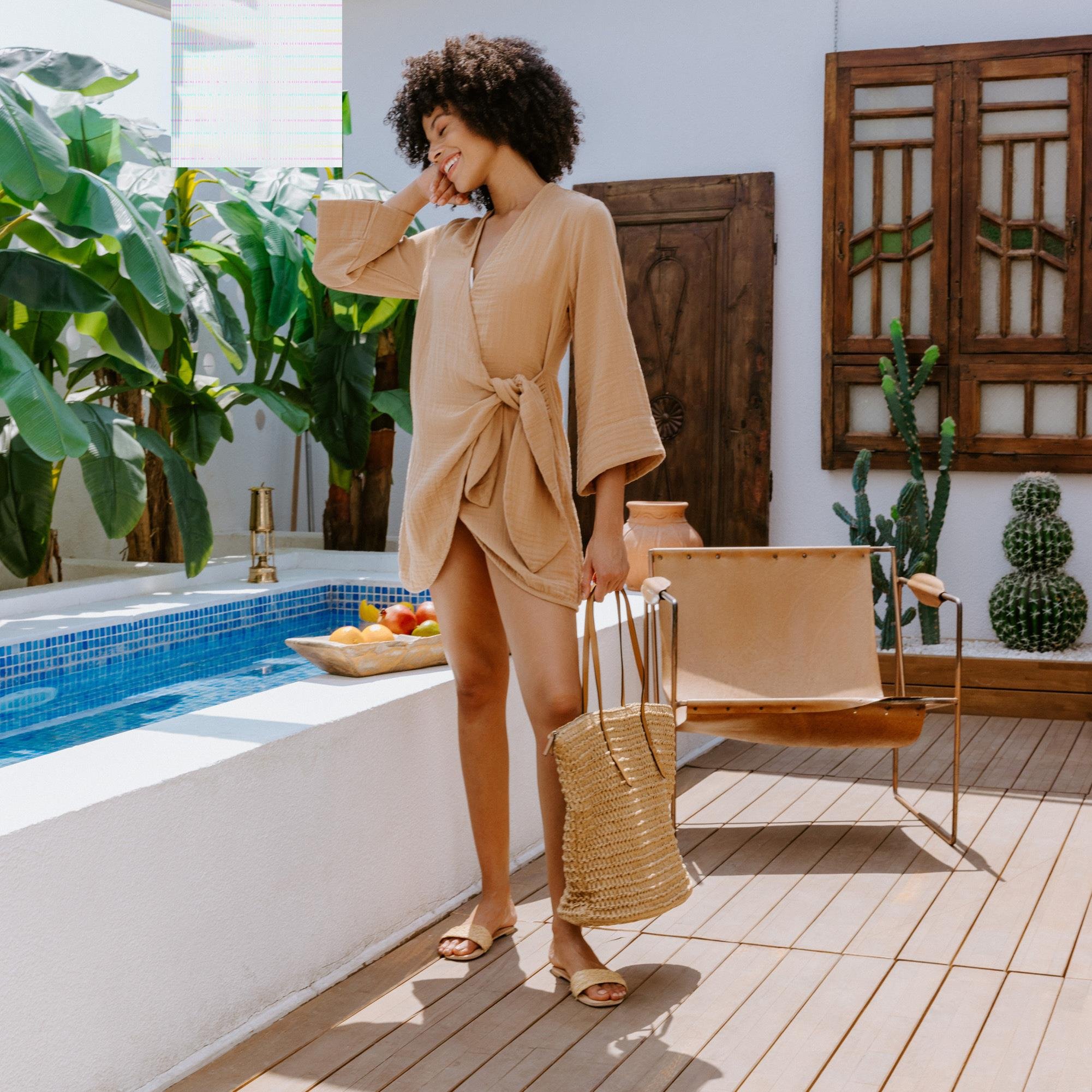 Plaj Elbisesi - %100 Pamuk Dokuma Kruvaze Kuşaklı Kadın Müslin Plaj Elbisesi - Miespiga