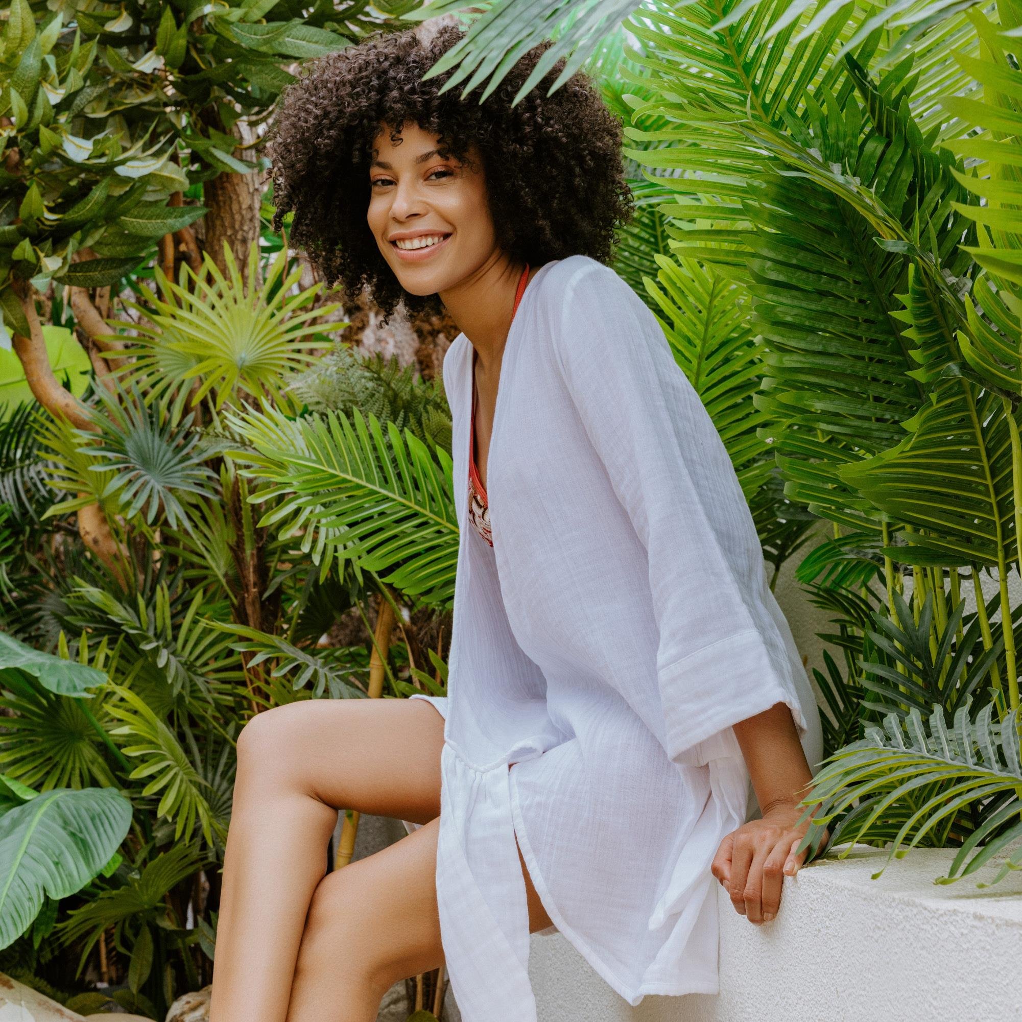 Plaj Elbisesi - %100 Pamuk Dokuma Kruvaze Kuşaklı Kadın Müslin Plaj Elbisesi - Miespiga