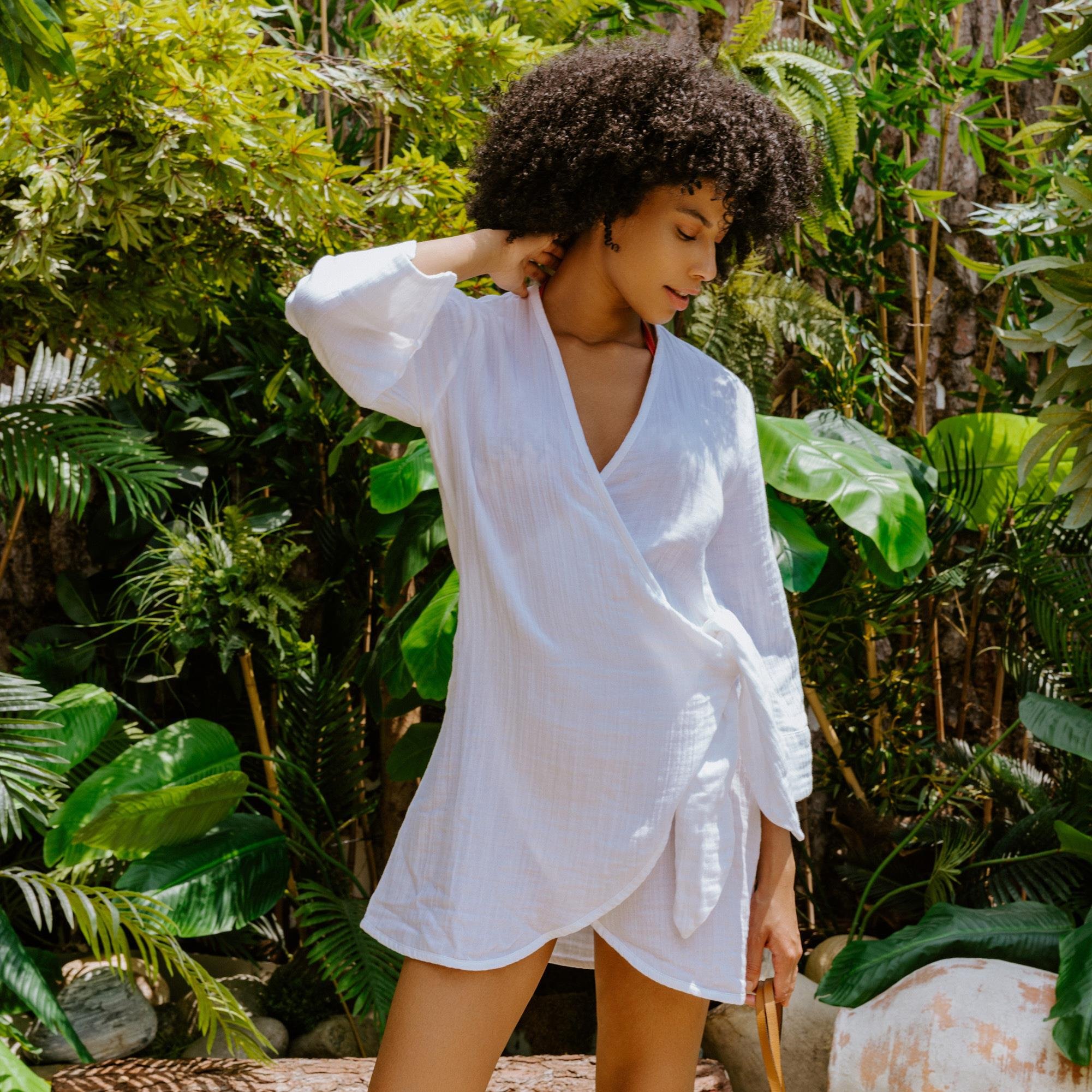 Plaj Elbisesi - %100 Pamuk Dokuma Kruvaze Kuşaklı Kadın Müslin Plaj Elbisesi - Miespiga