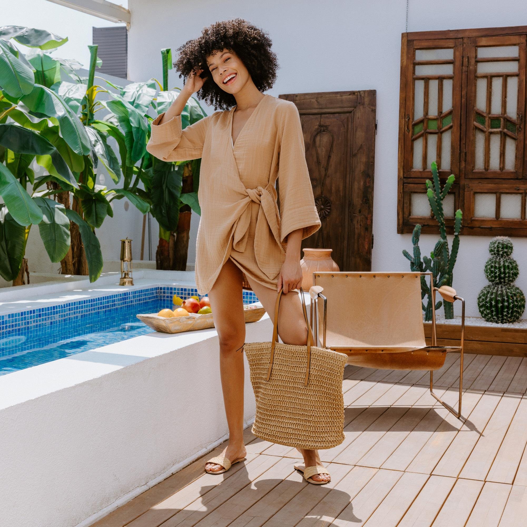 Plaj Elbisesi - %100 Pamuk Dokuma Kruvaze Kuşaklı Kadın Müslin Plaj Elbisesi - Miespiga