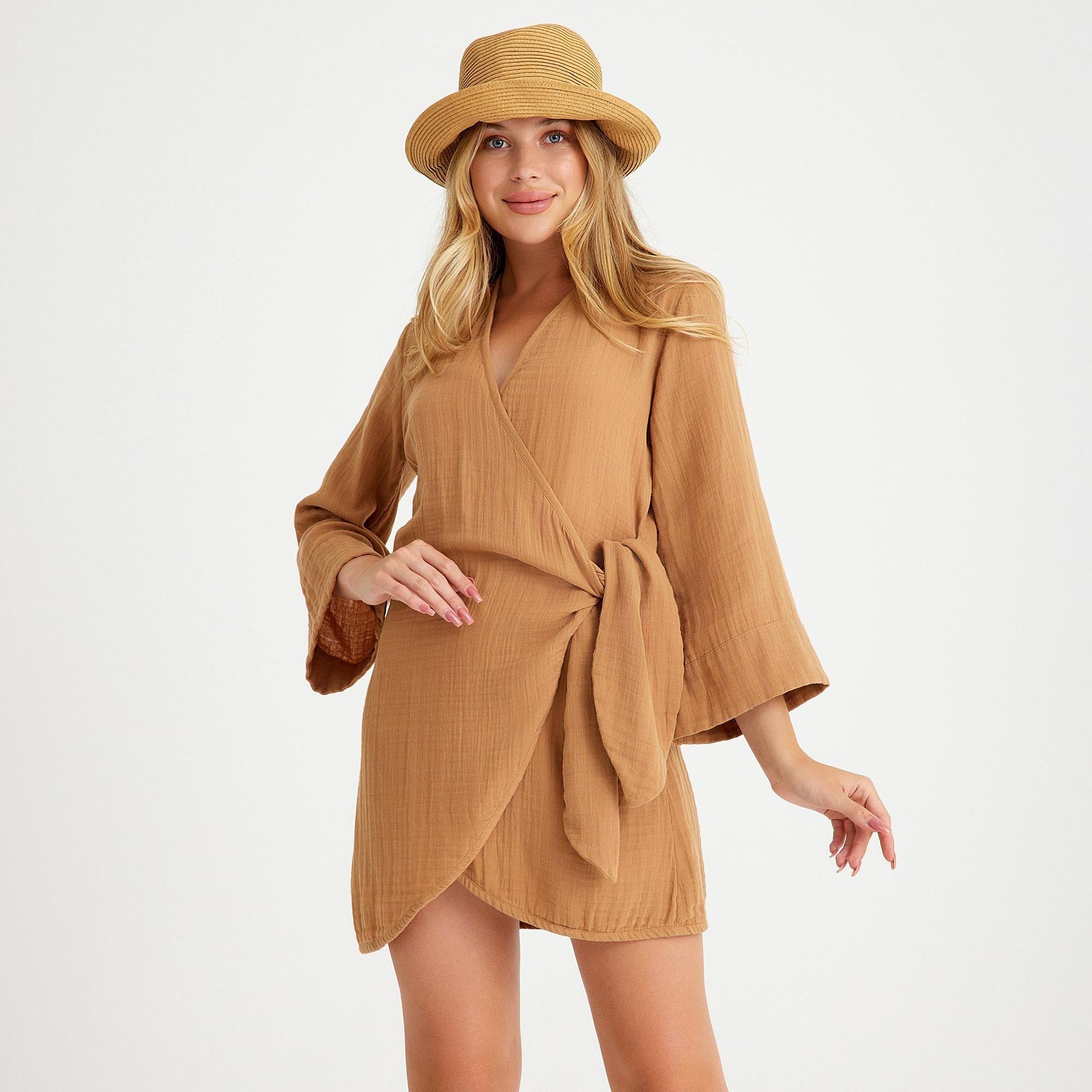 Plaj Elbisesi - %100 Pamuk Dokuma Kruvaze Kuşaklı Kadın Müslin Plaj Elbisesi - Miespiga