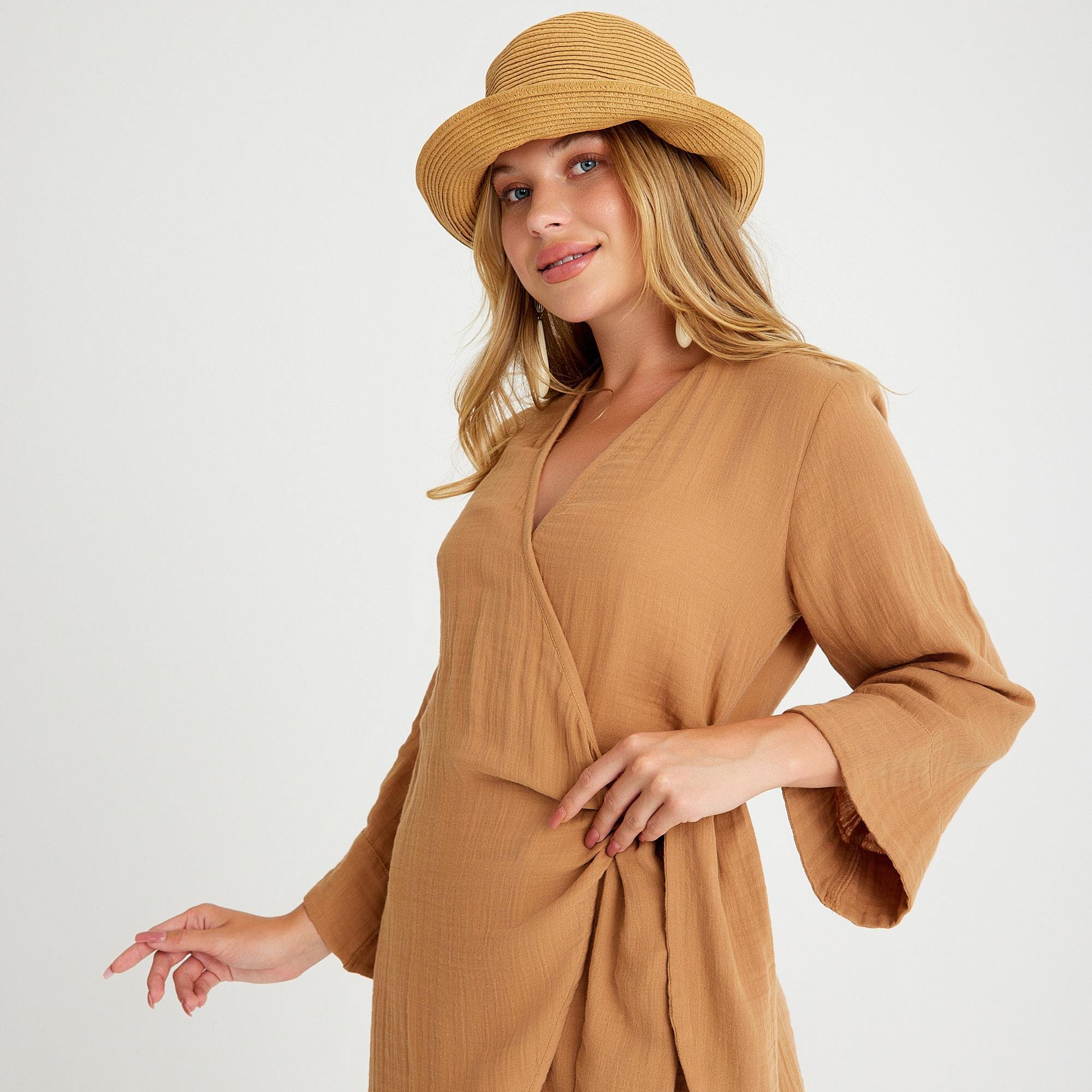 Plaj Elbisesi - %100 Pamuk Dokuma Kruvaze Kuşaklı Kadın Müslin Plaj Elbisesi - Miespiga