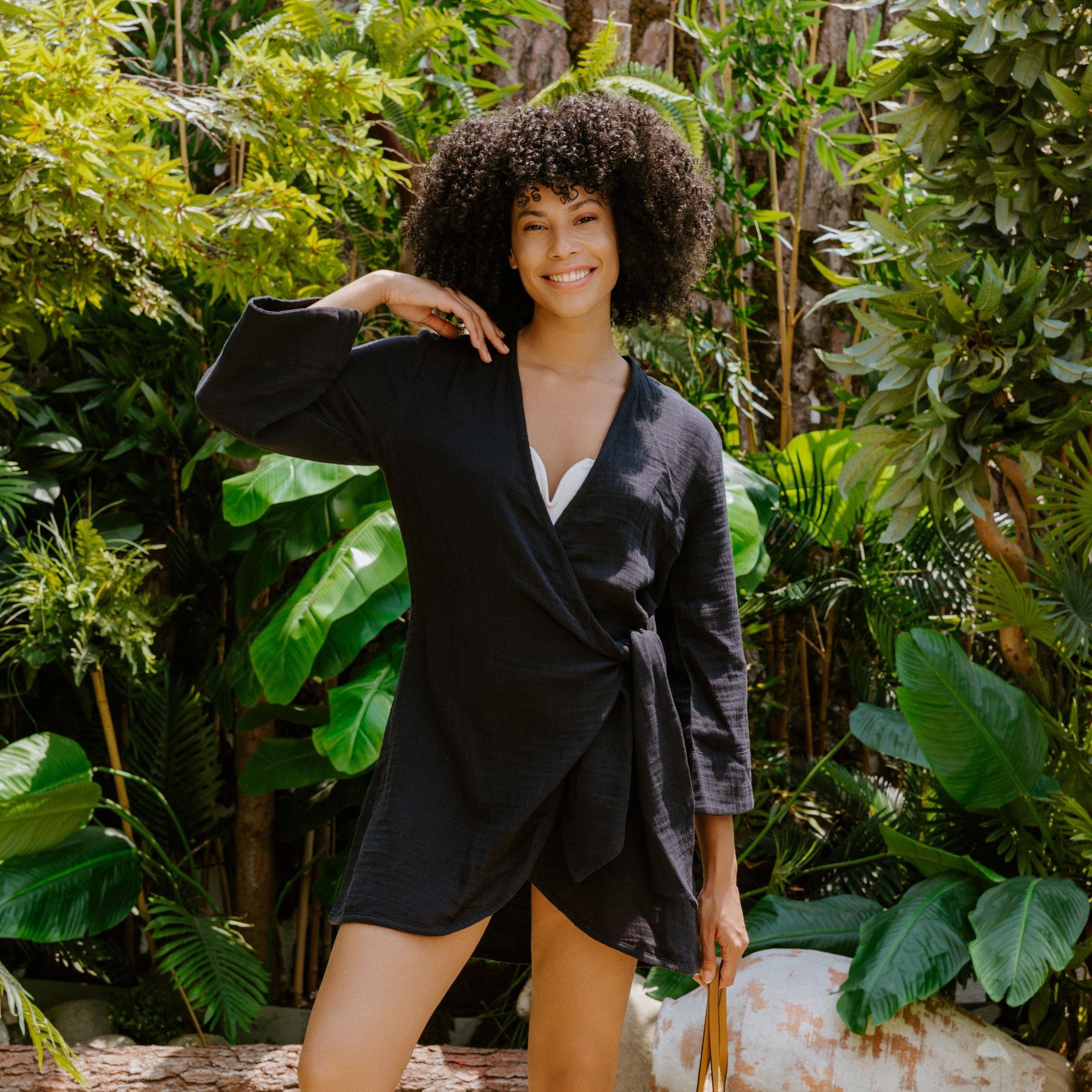 Plaj Elbisesi - %100 Pamuk Dokuma Kruvaze Kuşaklı Kadın Müslin Plaj Elbisesi - Miespiga