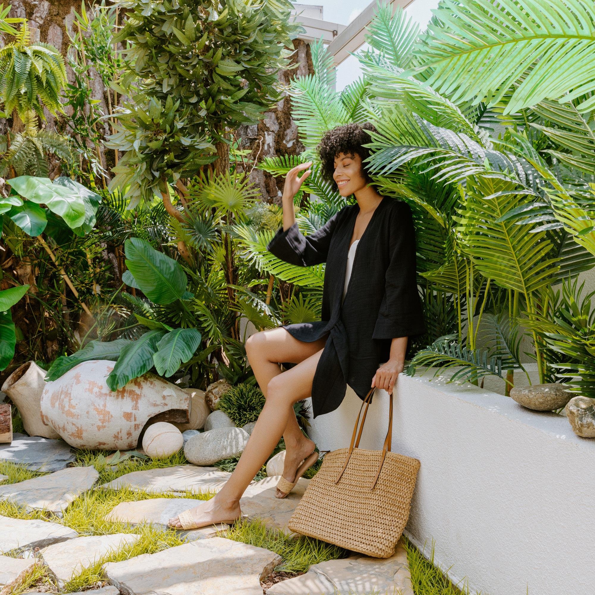 Plaj Elbisesi - %100 Pamuk Dokuma Kruvaze Kuşaklı Kadın Müslin Plaj Elbisesi - Miespiga