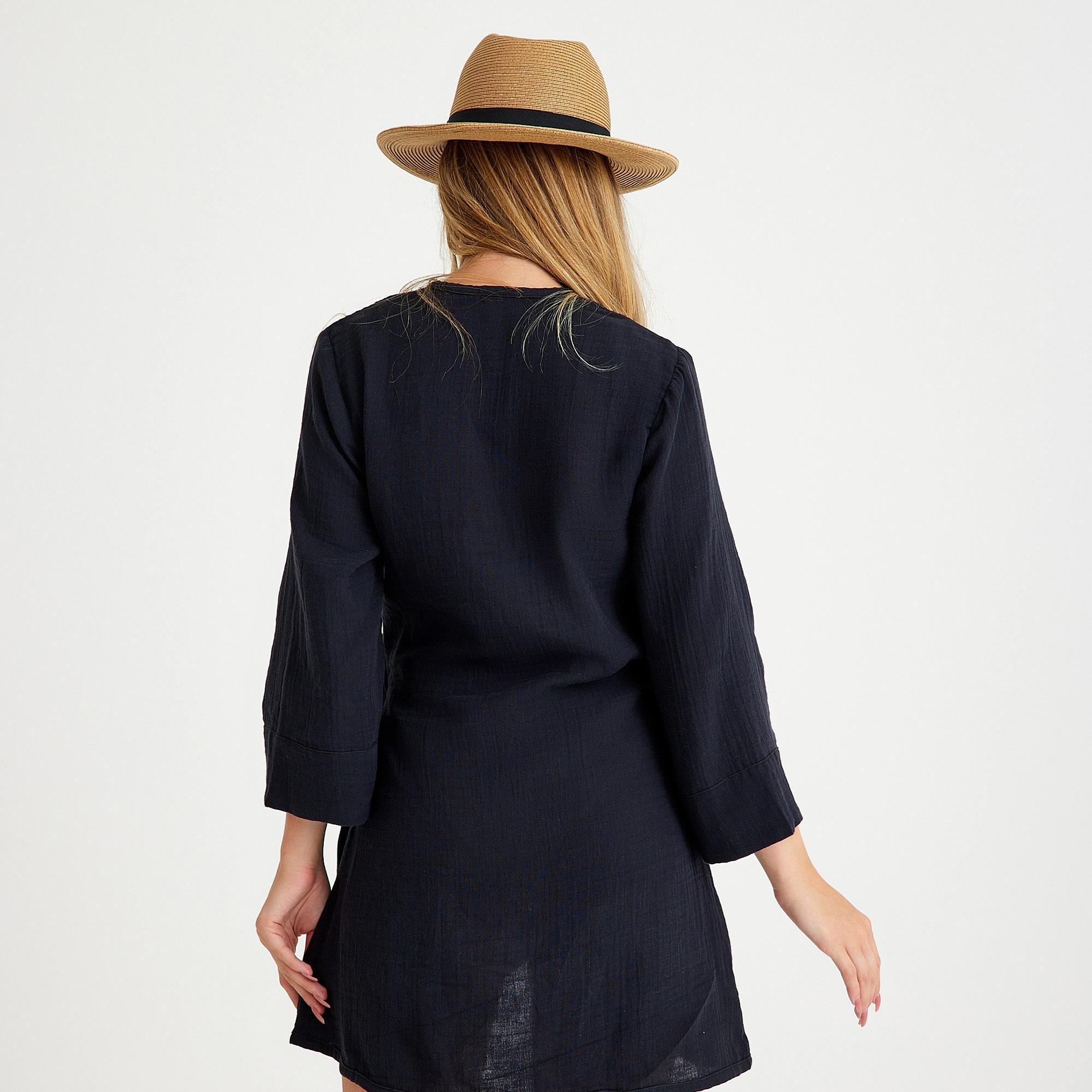 Plaj Elbisesi - %100 Pamuk Dokuma Kruvaze Kuşaklı Kadın Müslin Plaj Elbisesi - Miespiga