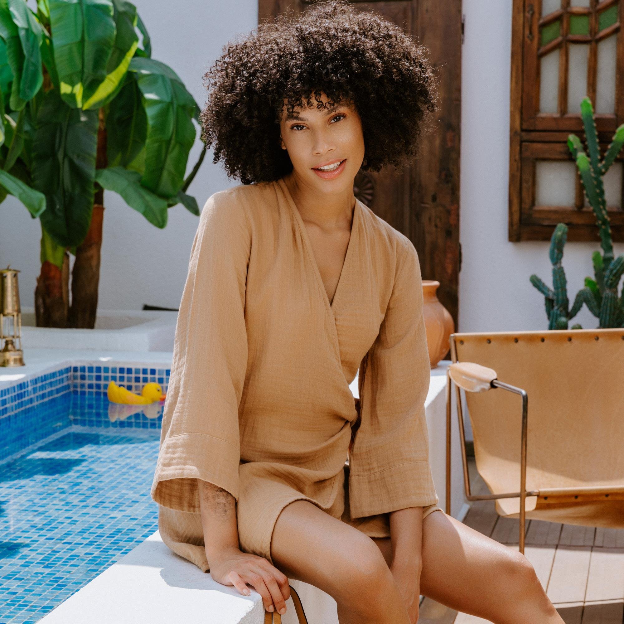 Plaj Elbisesi - %100 Pamuk Dokuma Kruvaze Kuşaklı Kadın Müslin Plaj Elbisesi - Miespiga