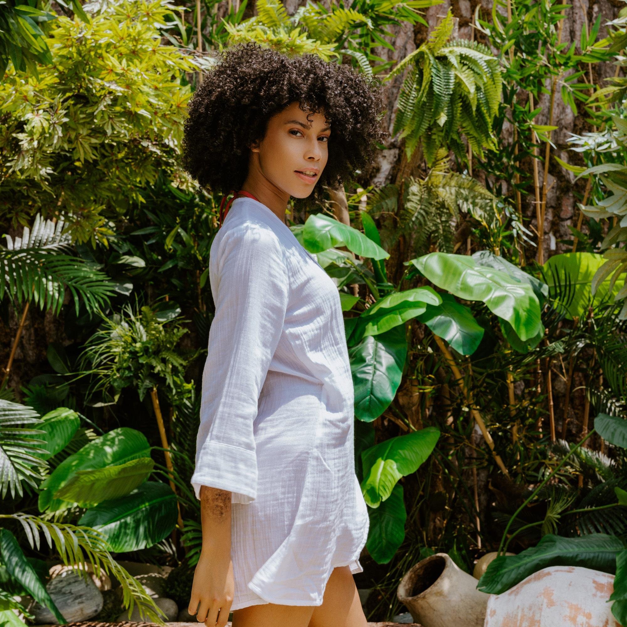 Plaj Elbisesi - %100 Pamuk Dokuma Kruvaze Kuşaklı Kadın Müslin Plaj Elbisesi - Miespiga