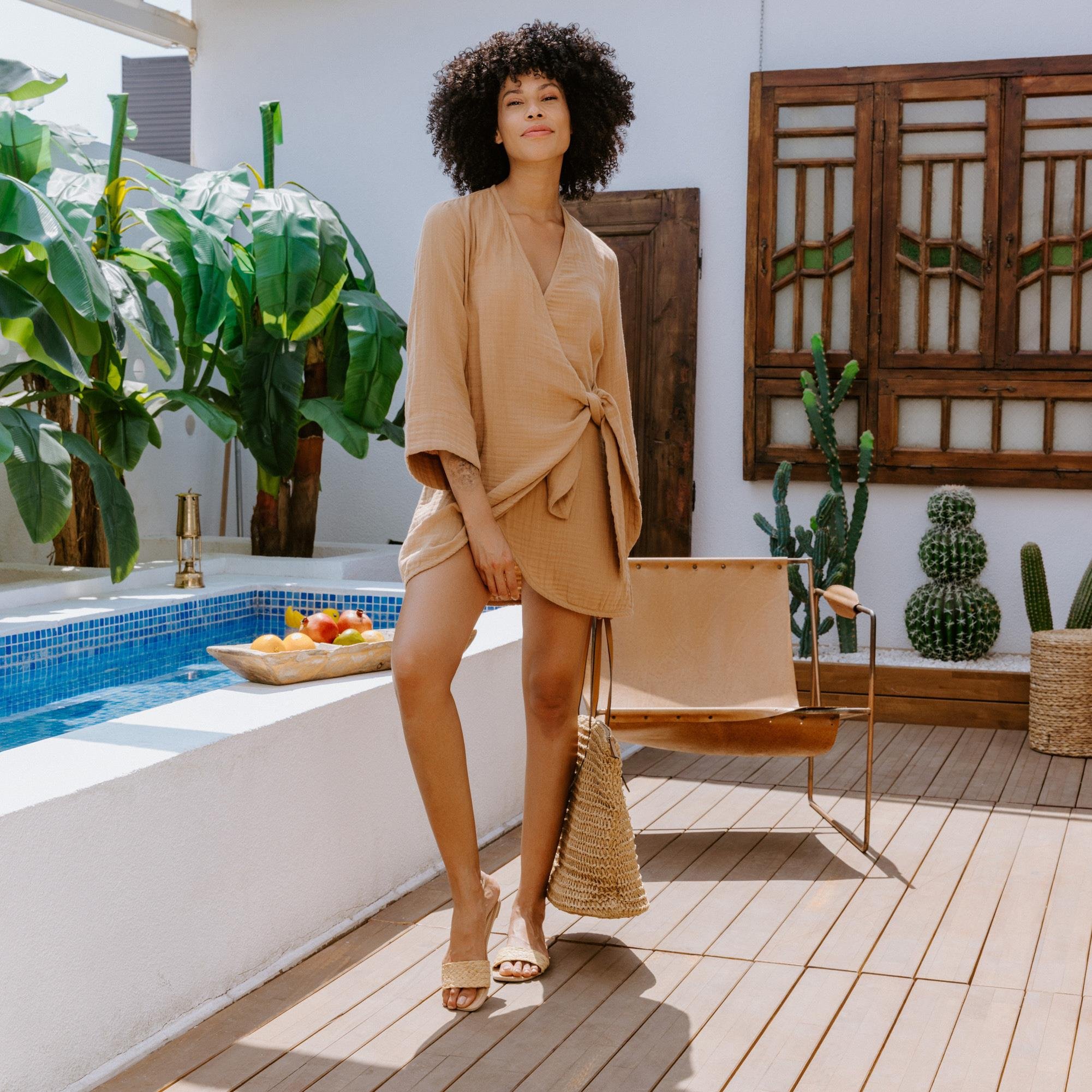 Plaj Elbisesi - %100 Pamuk Dokuma Kruvaze Kuşaklı Kadın Müslin Plaj Elbisesi - Miespiga