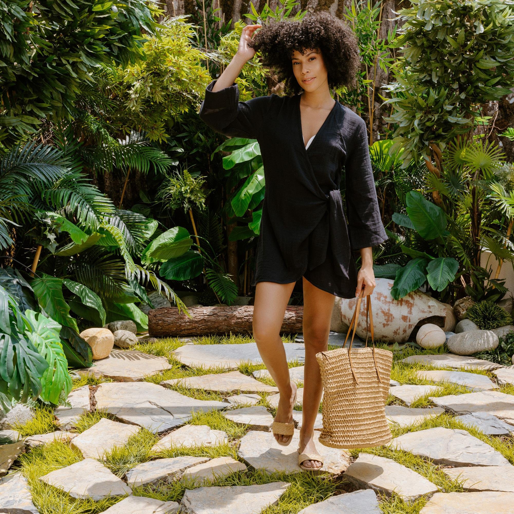 Plaj Elbisesi - %100 Pamuk Dokuma Kruvaze Kuşaklı Kadın Müslin Plaj Elbisesi - Miespiga