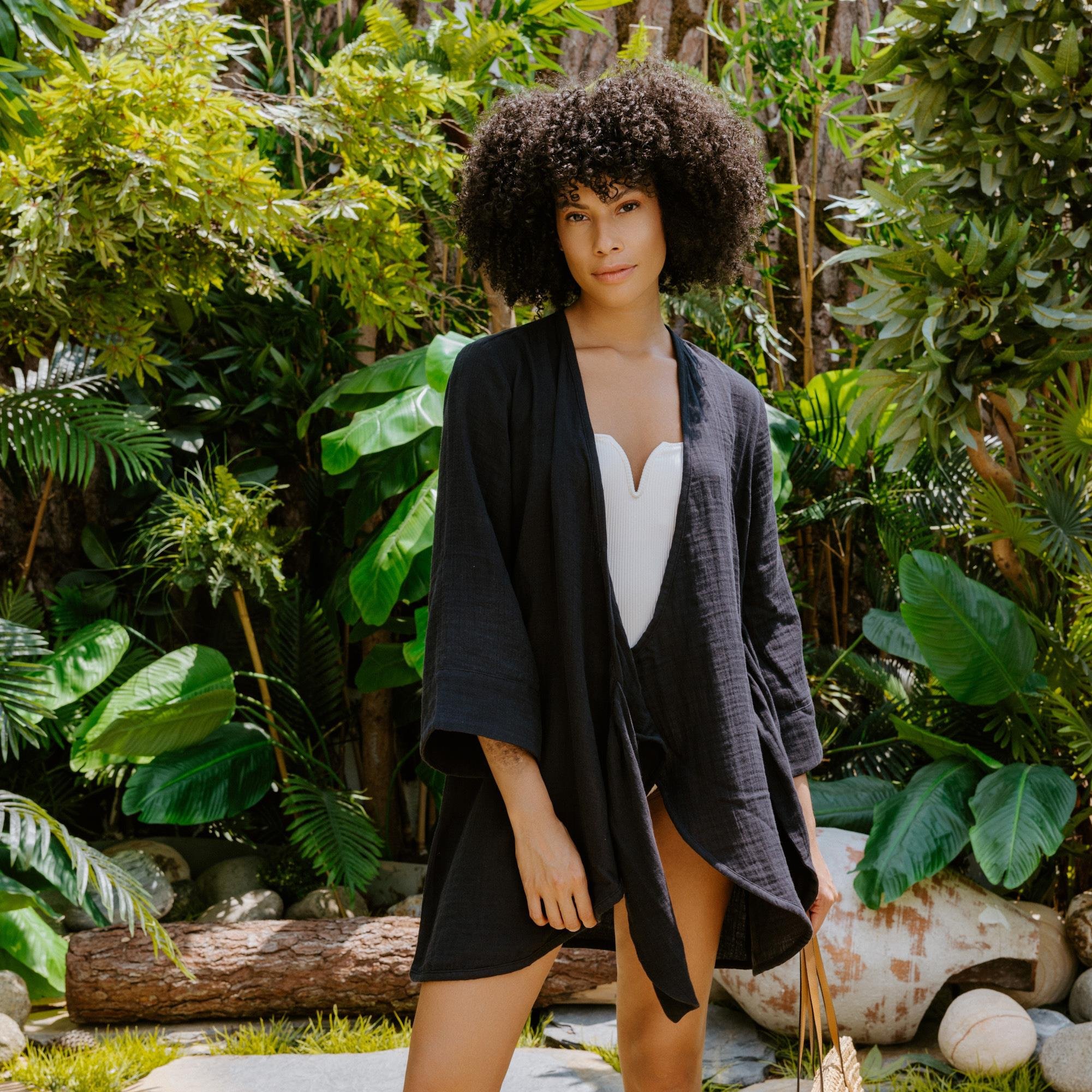 Plaj Elbisesi - %100 Pamuk Dokuma Kruvaze Kuşaklı Kadın Müslin Plaj Elbisesi - Miespiga